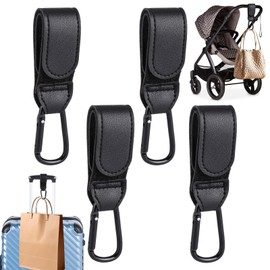 Pack of 4 Pram Hooks for Bags, Universal Carabiner Pram, Leather Pram Hook, Velcro Hook for Prams and Suitcases (Black)