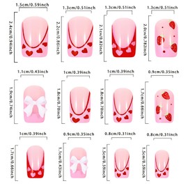 Strawberry Bow Press on Nails Short Square False Nails Valentine's Nails Press Ons Heart Acrylic Nails Full Cover Coffin Nails Valentine's French Stick on Nails 24Pcs Glue on Nails for Women