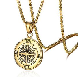 HIJONES Men's Stainless Steel Round Compass Pendant Necklace Vintage Chain, Chain Included, Metal, metal
