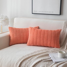 SHITURRE Decorative Throw Pillow Covers for Couch Bed Sofa Livingroom, Coral Red Lumbar Cushion Covers Corduroy Striped Pillowcases for Boho Home Decor(12"x20", 2 Packs)