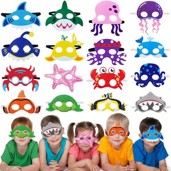Beamely Marine Animal Masks Party Bag Fillers for Kids, 16 Pcs Sea Felt Masks Costumes Toy Gift for Boys Girls, Cartoon Eye Mask Party Favors for Birthday Party Dress Up Cosplay Halloween Xmas
