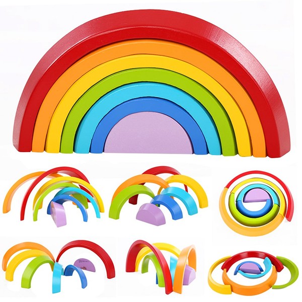 Lewo Wooden Rainbow Stacking Game Learning Toy Geometry Building Blocks Educational Toys for Kids Baby Toddlers (Rainbow)