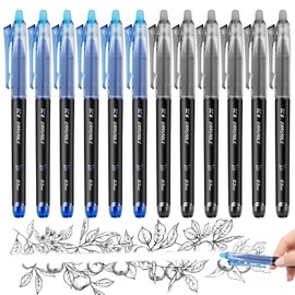 Erasable Pens, 12PCS Rub Out Pens with Rubbers on the End, 0.5mm Erasable Gel Black and Blue Pens for Writing Journaling Drawing Artwork Home Office School Stationary Supplies