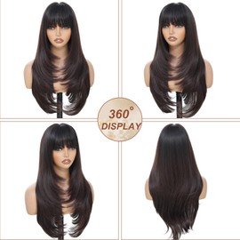 Brown Wig with Bangs for Women Long Wavy Dark Brown Wigs 4x4 Realistic Scalp,26 Inch Layered Brown Hair Wigs Heat Resistant Synthetic Wigs