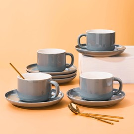 CHILDIKE 8 oz Coffee Cups with Saucers and Gold Spoons - Set of 4 Cappuccino Cup, Grey Porcelain Cups Serving for Tea Espresso Latte Mocha