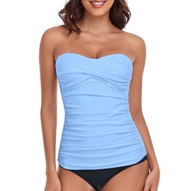 RELLECIGA Women's Sea Blue Ruched Bandeau Tankini Top Swimsuits Size Medium
