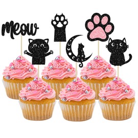 24 piezas de decoración para magdalenas con purpurina negra para gatos, magdalenas, amantes de los gatos, temática de gatitos, baby shower, niños, cumpleaños, boda, fiesta, decoración de pasteles, suministros