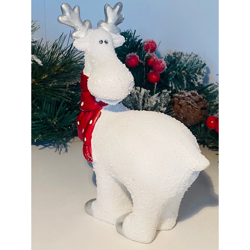 White Reindeer with Red Spotty Scarf Christmas Ornament (STANDING DEER