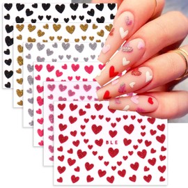 6 Sheets Glitter Heart Nail Stickers 3D Shiny Love Heart Nail Decals Self Adhesive Valentine's Day Nail Art Stickers Colorful Glitters Heart Designs DIY Valentines Nails Manicure Decorations Charms