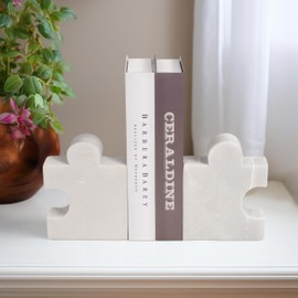 Sagebrook Home Set of 2 Puzzle-Shaped Bookends - Solid Marble - Glam Decorative Home & Office Shelf Organizer - Elegant Heavyweight Design for Living Room, Bedroom, Desk - 7" White