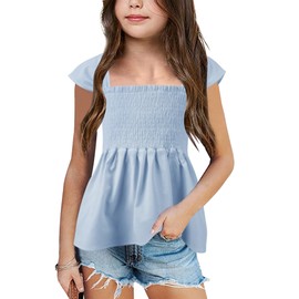 Bingerlily Girls Summer Casual Tops Square Neck T Shirts Cute Smocked Top Tees Blue