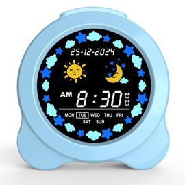 Kids Alarm Clock, Sun & Moon LED Display with Day & Date, Children's Sleep Trainer with Night Light & Sleep Sounds, Cute Wake Up Clock for Kids Bedroom, Easy to Use Birthday Gift for Boy and Girls