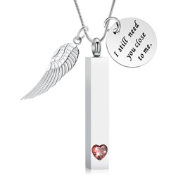 QGJNSGC Cremation Jewelry for Ashes Angel Wing Charm Vertical Bar Urn Necklace Stainless Steel Memorial Keepsake Ash Locket Pendant for Women Men