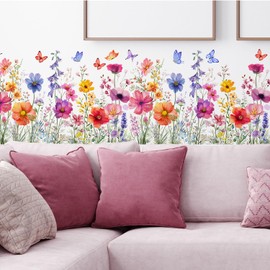 LOONELO Flower Garden Wall Stickers, Wildflower Grass Wall Decals, Lily Peony Poppy Floral Wall Clings for Bedroom Living Room TV Wall Office Decor Home Decoration