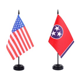 WXTWK 2 Pack USA Tennessee Flag Tennessee State Desk Flag Set - Mini Small Tennessee Table Office Flags with Black 12" Solid Pole Stand Base Classroom Meeting Desktop Decorations