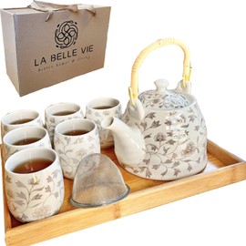 Traditional Japanese Tea Set, White Tea Set with Tray and Infuser, Chinese/Asian Tea Sets for 6 Adults, Porcelain Tea Pot and Tea Cups, Large Teapot, Pretty Gift for Women, Men, Birthday, Housewarming