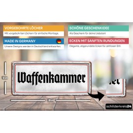schilderkreis24 Tin Sign 28 x 12 cm – "Waffenkammer" – Stylish Wall Decoration for Collector's Rooms and Man Caves