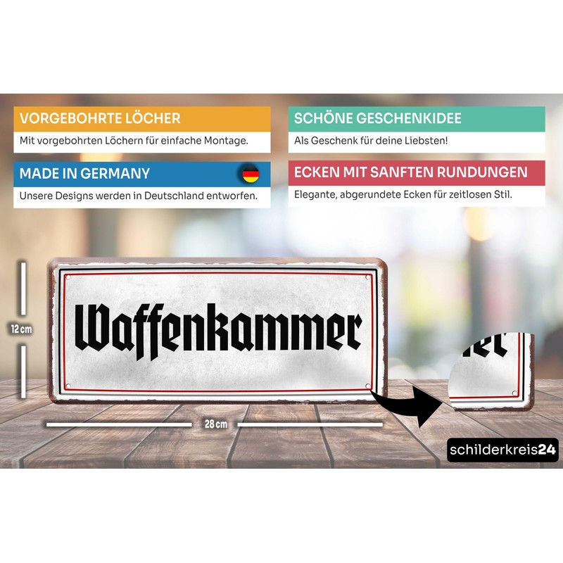 schilderkreis24 Tin Sign 28 x 12 cm – "Waffenkammer" –