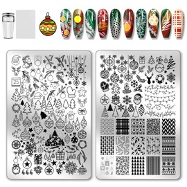 PH PandaHall Christmas Nail Stamping Plates Christmas Tree Wreath Nail Art Designs Snowflakes Snowmen Manicure Art Stencil Bells Santa Claus Nails Design Template for Xmax Manicures Salon, 2pcs