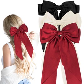 Hair Bows for Women,Hair Bows,3 Pcs French Bow Hair Clip Girls Accessories,White Black Red Bow with Long Silky Satin Accessories for Women Girls