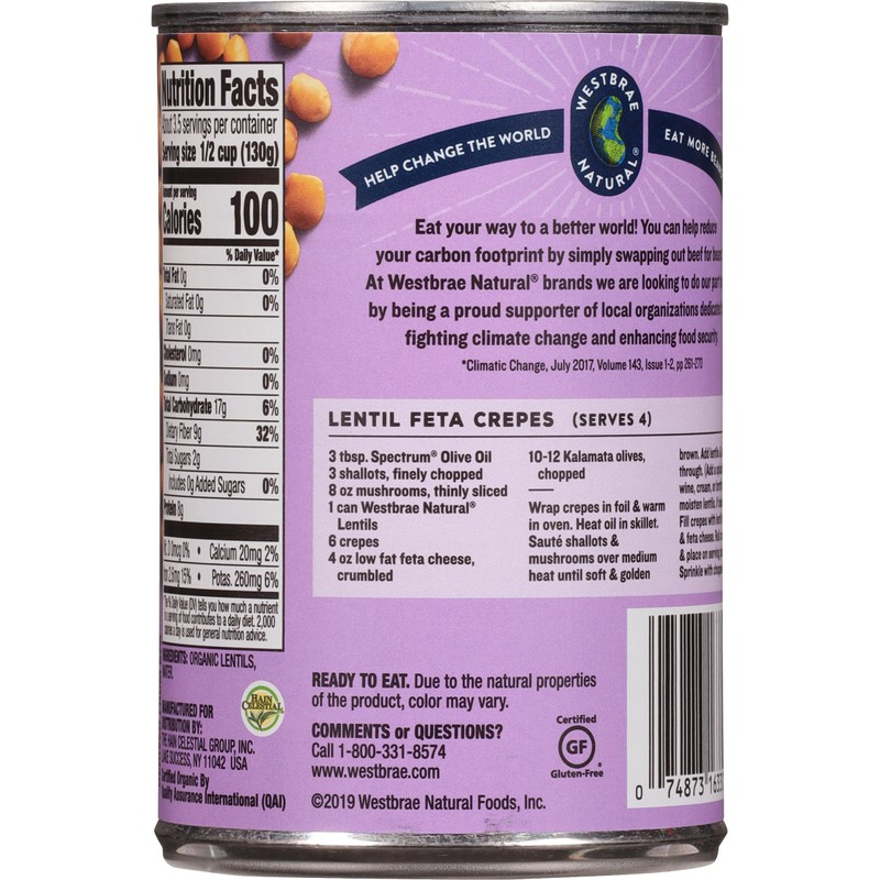 Westbrae Foods Organic Lentils Beans - Case of 12-15 oz.12
