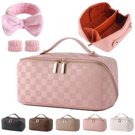 Cuteseason Travel Makeup Bag Travel Toiletry Bag Waterproof PU Leather Checkered Makeup Organizer Bag Woman Cosmetic Organizer Bag With Headband and Wristband Set(Pink, Checkerboard pattern)