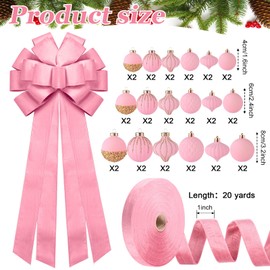 Motionchic 20Pcs Christmas Velvet Ornaments Set Velvet Christmas Ball 3 Size Flocked Bulb Ball Ornaments Xmas Velvet Tree Topper Bow Christmas Velvet Wired Ribbon for Christmas Tree Decoration(Pink)