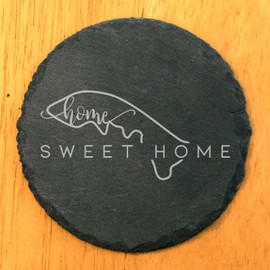 Rustic Slate Coasters Set of 6, 4" Round, Laser Etched Hawaii 'Home Sweet Home' Design, Perfect Gift for Holidays, Birthdays, Housewarming, Made in Oregon, USA, Natural Chipped Edge, Rubber Feet
