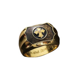 CUSIOALQQ Men's Cross Ring, Vintage 18k Yellow Gold Simulation Black Agate Cross Faith Power Gothic Punk Retro Vintage Prayer Jewelry for Boy God Bless Ring