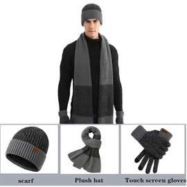 3 Piece Men's Beanie Hat Scarf and Touch Screen Gloves Set Winter Thermal Elastic Thicken Warm Fleece Inner Lining Knit Beanie Cap Winter men's Accessories (Dark gray)