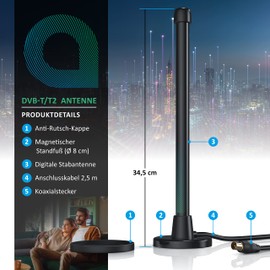 CSL - DVB-T2 Digital Rod Antenna with Stable Magnetic Base - Indoor Antenna - High Reception - Digital Terrestrial TV Reception DVB-T and DVB-T2 HD - 34.5 cm Height