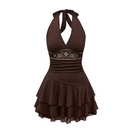 RoseSeek Women's Halter Cowgirl Vintage Mini Dress Embroidery Tie Back Sleeveless Ruched Tiered Layer A Line Dresses Brown Large