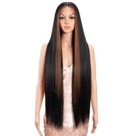 Style Icon Super Long Straight Lace Front Wig 36 inch Light Yaki Straight Hair Skunk Stripe Black with Brown Pre Plucked with Baby Hair Synthetic Heat Resistant Fiber