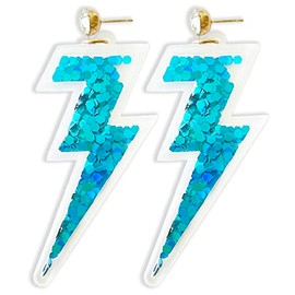 Lightning Bolt Earrings w/Glitter Sparkle Sequins Inside (Light Blue)