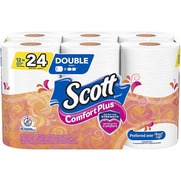 Scott ComfortPlus Toilet Paper, 12 Double Rolls, Bath Tissue Pack of 2