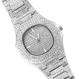 Halukakah Diamond Gold Watch for Men, 18 Carat Real Gold/Platinum White Gold Plated Quartz Bracelet 24 cm Oval Dial, with Diamond Cluster Tennis Chains, Necklace, Bracelet Set Options, with Gift Box,