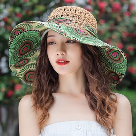 Anopo Straw Sun Hat BohemianFloral Floppy Summer Beach Cap with Bow UV Protection Wide Brim Folding Visor Hat Travel Outdoors A Green