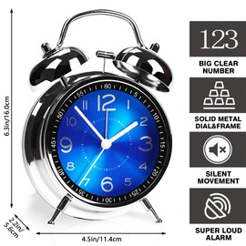 AYRELY® Alarm Clock Loud for Deep Sleepers, Double Bells Retro Alarm Clock, 4 Inches, Analogue Alarm Clock without Ticking, Metal Dial with Night Light for Bedrooms and Bedside Tables (Blue)