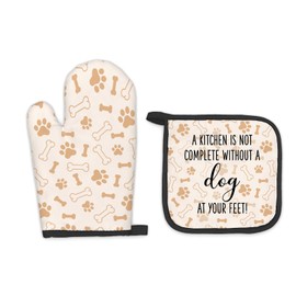 FIicy Dog Oven Mitts and Pot Holders Sets, Dog Lover Gifts for Women, Dog Paw Kitchen Accessories Sets, Complete Without a Dog at You Feet Heat Resistant Oven Glove Potholders for Kitchen Baking