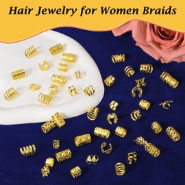 Nafaboig 100PCS Gold Hair Jewelry for Women Braids, Hair Accessories for Girls Women, Assorted Gold Hair cuffs Ear Clips Loc Beads for Hair Decoration