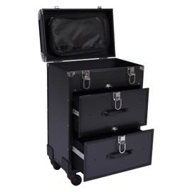 3-Tier Makeup Train Case, Rolling Lockable Beauty Salon Luggage Hairdressing Trolley Stylist w/Compartment&Drawer, Large Cosmetics Storage Organizer for On The Go Makeup/Nail Art/Hair Styling (Black)