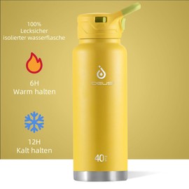 IDEUS Vacuum Insulated Water Bottle, 40 oz (1140 ml) Stainless Steel Double Wall Bottle Metal Sports Canteen with Leak-proof Screw Cap (Yellow)