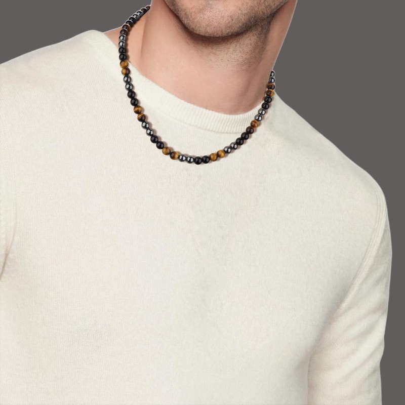 GAVU 8mm Men's Crystal Tiger Eye Hematite Rainbow Obsidian Stone