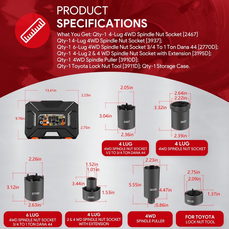 6 Pack Spindle Socket Set, 41660D 4WD Axle Hub Lock