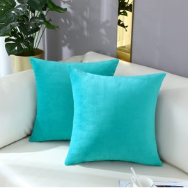 mixeoo Comfy Turquoise Throw Pillow Covers Decorative Square Solid Thick Velvet Super Soft Cushion Cases Home Decor for Sofa Couch Living Room Chair, Set of 2, 20 x 20 Inch