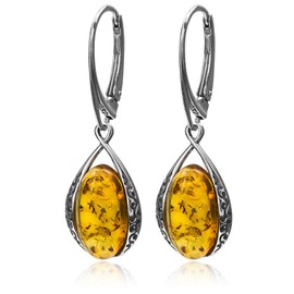 Amber Sterling Silver Oval Leverback Earrings