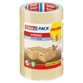 tesapack Strong - Geräuscharmes Paketklebeband zum Verpacken von Paketen und Versandschachteln - transparent - 3 Rollen je 66 m: 50mm