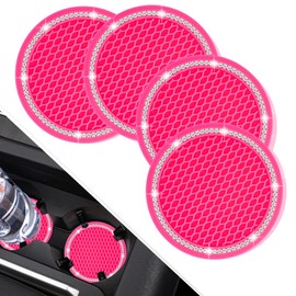 COCASES Car Coasters, 4 Pack Universal Vehicle Bling Car Coaster, Rhinestone Coaster for Cup Holders, Car Interior Accessories 2.75'' Silicone Car Coasters for Women(Hot Pink, White Crystal Circle)