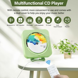 ENVYCLOUD Portable CD Player with Bluetooth, Desktop CD Player with Speakers for Home CD Music Players with Remote Control, Built-in LED Display, Supports CD/FM Radio/USB/AUX/Timer/Repeat (Green)