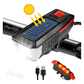 Lampara De Bicicleta Solar Y Emergencia Recargable Con Luz Trasera Y Claxon Ourlife Negro Faro Para Bicicleta IPX6